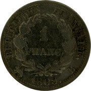 France Franc Napoleon I 1808 B KM# 682.2 RÉPUBLIQUE FRANÇAISE. 1 FRANC. 1808. B coin reverse