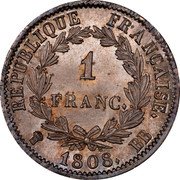 France Franc Napoleon I 1808 BB KM# 682.3 RÉPUBLIQUE FRANÇAISE. 1 FRANC. 1808. BB coin reverse