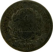 France Franc Napoleon I 1808 D KM# 682.4 RÉPUBLIQUE FRANÇAISE. 1 FRANC. 1808. D coin reverse