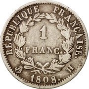 France Franc Napoleon I 1808 H KM# 682.5 REPUBLIQUE FRANÇAISE 1 FRANC 1808 H coin reverse
