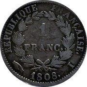 France Franc Napoleon I 1808 I KM# 682.6 RÉPUBLIQUE FRANÇAISE. 1 FRANC. 1808. I coin reverse