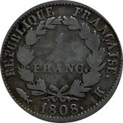 France Franc Napoleon I 1808 K KM# 682.7 RÉPUBLIQUE FRANÇAISE. 1 FRANC. 1808. K coin reverse