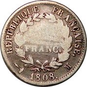 France Franc Napoleon I 1808 M KM# 682.9 RÉPUBLIQUE FRANÇAISE. 1 FRANC. 1808. M coin reverse