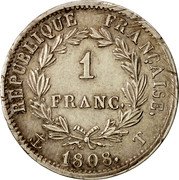 France Franc Napoleon I 1808 T KM# 682.12 REPUBLIQUE FRANÇAISE 1 FRANC 1808 T coin reverse