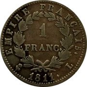 France Franc Napoleon I 1811 L KM# 692.9 EMPIRE FRANCAIS. 1 FRANC. 1811. L coin reverse France Franc Napoleon I 1811 L KM# 692.9 EMPIRE FRANCAIS. 1 FRANC. 1811. L coin reverse