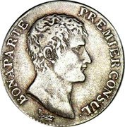 France Franc Napoleon I AN12 MA KM# 649.10 BONAPARTE PREMIER CONSUL TIOLIER coin obverse France Franc Napoleon I AN12 MA KM# 649.10 BONAPARTE PREMIER CONSUL TIOLIER coin obverse