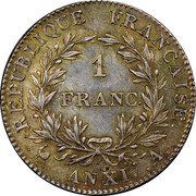 France Franc Napoleon I ANXI (1802-03) A KM# 649.1 RÉPUBLIQUE FRANÇAISE. 1 FRANC. AN 12.A. coin reverse France Franc Napoleon I ANXI (1802-03) A KM# 649.1 RÉPUBLIQUE FRANÇAISE. 1 FRANC. AN 12.A. coin reverse