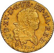 France Louis D'or Louis XV 1724 Cow KM# 474 LUD XV D G FR ET NA RE BD 1724 coin obverse France Louis D'or Louis XV 1724 Cow KM# 474 LUD XV D G FR ET NA RE BD 1724 coin obverse