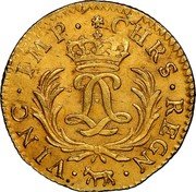 France Louis D'or Louis XV 1724 Cow KM# 474 CHRS REGN VINC IMP coin reverse France Louis D'or Louis XV 1724 Cow KM# 474 CHRS REGN VINC IMP coin reverse