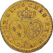 France Louis D'or Louis XV 1726 A KM# 489.1 CHRS REGN VINC IMPER 1726 A coin reverse France Louis D'or Louis XV 1726 A KM# 489.1 CHRS REGN VINC IMPER 1726 A coin reverse