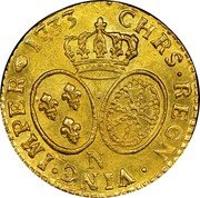 France Louis D'or Louis XV 1733 N KM# 489.14 CHRS REGN VINC IMPER 1733 N coin reverse France Louis D'or Louis XV 1733 N KM# 489.14 CHRS REGN VINC IMPER 1733 N coin reverse