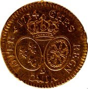 France Louis D'or Louis XV 1734 Numeral 9 KM# 489.26 CHRS REGN VINC IMPER 1734 9 coin reverse France Louis D'or Louis XV 1734 Numeral 9 KM# 489.26 CHRS REGN VINC IMPER 1734 9 coin reverse