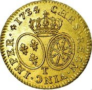 France Louis D'or Louis XV 1734 T KM# 489.20 CHRS REGN VINC IMPER 1734 T coin reverse France Louis D'or Louis XV 1734 T KM# 489.20 CHRS REGN VINC IMPER 1734 T coin reverse