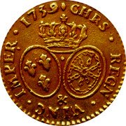 France Louis D'or Louis XV 1739 & KM# 489.27 CHRS REGN VINC IMPER 1739 & coin reverse France Louis D'or Louis XV 1739 & KM# 489.27 CHRS REGN VINC IMPER 1739 & coin reverse