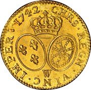 France Louis D'or Louis XV 1742 W KM# 513.22 CHRS. REGN. VINC. IMPER. 1747 W coin reverse France Louis D'or Louis XV 1742 W KM# 513.22 CHRS. REGN. VINC. IMPER. 1747 W coin reverse