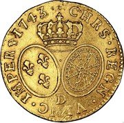 France Louis D'or Louis XV 1743 D KM# 513.6 CHRS REGN VINC IMPER 1743 D coin reverse France Louis D'or Louis XV 1743 D KM# 513.6 CHRS REGN VINC IMPER 1743 D coin reverse