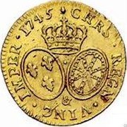 France Louis D'or Louis XV 1745 & KM# 513.27 CHRS REGN VINC IMPER 1745 & coin reverse France Louis D'or Louis XV 1745 & KM# 513.27 CHRS REGN VINC IMPER 1745 & coin reverse