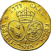 France Louis D'or Louis XVI 1777 L KM# 567.8 CHRS REGN VINC IMPER L coin reverse France Louis D'or Louis XVI 1777 L KM# 567.8 CHRS REGN VINC IMPER L coin reverse