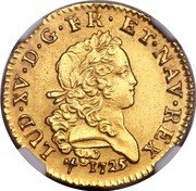 France Louis D'or Louis XV 1724 R KM# 470.17 LUD XV D G FR ET NAV REX 1725 coin obverse France Louis D'or Louis XV 1724 R KM# 470.17 LUD XV D G FR ET NAV REX 1725 coin obverse