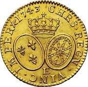 France Louis D'or (Louis XV) KM# 513.7 CHRS REGN VINC IMPER 1743 E coin reverse France Louis D'or (Louis XV) KM# 513.7 CHRS REGN VINC IMPER 1743 E coin reverse