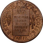 France Sol First Republic. Strasbourg LAN II//1793 BB Françoise KM# 619.4 REPUBLIQUE FRANÇAISE. LES HOMMES SONT EGAUX DEVANT LA LOI L'AN II. coin obverse