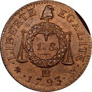 France Sol First Republic. Strasbourg LAN II//1793 BB Françoise KM# 619.4 LIBERTE EGALITE 1 S. BB 1793 coin reverse