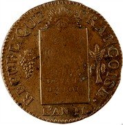 France Sol First Republic. Bayonne LAN II//1793 L KM# 619.8 REPUBLIQUE FRANÇOISE LES HOMMES SONT EGAUX DEVANT LA LOI L'AN II. coin obverse