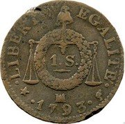 France Sol First Republic. Marseille LAN II//1793 MA KM# 619.9 1 S MA LIBERTE EGALITE 1793 coin reverse