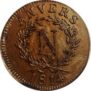 France 10 Centimes Napoleon I Antwerp. Siege Coinage 1814 KM# 5.4 ANVERS N 1814 W coin obverse France 10 Centimes Napoleon I Antwerp. Siege Coinage 1814 KM# 5.4 ANVERS N 1814 W coin obverse