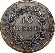 France 10 Centimes Charles X 1827 H KM# 11.2 COLONIES FRANÇAISES 10 CENT 1827 H coin reverse France 10 Centimes Charles X 1827 H KM# 11.2 COLONIES FRANÇAISES 10 CENT 1827 H coin reverse