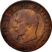 France 10 Centimes Napoleon III 1857 MA KM# 771.6 NAPOLEON III EMPEREUR BARRE 1854 coin obverse France 10 Centimes Napoleon III 1857 MA KM# 771.6 NAPOLEON III EMPEREUR BARRE 1854 coin obverse