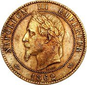 France 10 Centimes Napoleon III 1862 K KM# 798.3 NAPOLEON III EMPEREUR BARRE 1865 coin obverse France 10 Centimes Napoleon III 1862 K KM# 798.3 NAPOLEON III EMPEREUR BARRE 1865 coin obverse