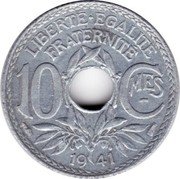 France 10 Centimes Phrygian Cap 1941 KM# 896 LIBERTÉ ÉGALITÉ FRATERNITÉ 10 CMES 1941 coin reverse