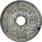 France 10 Centimes Phrygian Cap 1945 C KM# 906.3 LIBERTÉ ÉGALITÉ FRATERNITÉ 10 C-MES C 1945 coin reverse