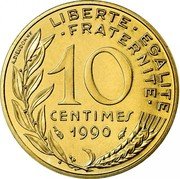 France 10 Centimes Marianne.Wheat ears 1990 KM# 929 LIBERTE EGALITE FRATERNITE A. DIEUDONNE 10 CENTIMES 1990 coin reverse France 10 Centimes Marianne.Wheat ears 1990 KM# 929 LIBERTE EGALITE FRATERNITE A. DIEUDONNE 10 CENTIMES 1990 coin reverse