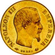 France 10 Francs Napoleon III 1859 A KM# 784.3 NAPOLEON III EMPEREUR BARRE coin obverse France 10 Francs Napoleon III 1859 A KM# 784.3 NAPOLEON III EMPEREUR BARRE coin obverse
