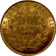 France 10 Francs Napoleon III 1866 A KM# 800.1 EMPIRE FRANÇAIS 10 FRANCS 1864 A coin reverse France 10 Francs Napoleon III 1866 A KM# 800.1 EMPIRE FRANÇAIS 10 FRANCS 1864 A coin reverse