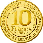 France 10 Francs Hugh Capet 1987 Proof KM# 961b REPUBLIQUE FRANCAISE LIBERTE EGALITE FRATERNITE 10 FRANCS 1987 coin obverse France 10 Francs Hugh Capet 1987 Proof KM# 961b REPUBLIQUE FRANCAISE LIBERTE EGALITE FRATERNITE 10 FRANCS 1987 coin obverse