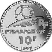 France 10 Francs FIFA World Cup 1997 Proof KM# 1163 RF FRANCE 98 10 F 1997 coin obverse France 10 Francs FIFA World Cup 1997 Proof KM# 1163 RF FRANCE 98 10 F 1997 coin obverse