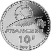 France 10 Francs FIFA World Cup. France 1998 Proof KM# 1167 RF FRANCE 98 10F 1998 coin obverse