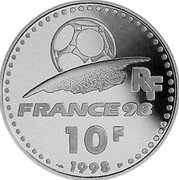 France 10 Francs FIFA World Cup. Brazil 1998 Proof KM# 1162 RF FRANCE 98 10 F 1998 coin obverse