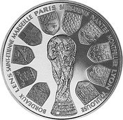 France 10 Francs FIFA World Cup. France 1998 Proof KM# 1167 BORDEAUX LENS SAINT-ETIENNE MARSEILLE PARIS SAINT-DENIS NANTES MONTPELLIER LYON TOULOUSE coin reverse
