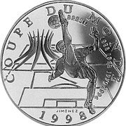 France 10 Francs FIFA World Cup. Brazil 1998 Proof KM# 1162 COUPE DU MONDE BRESIL 1958 1962 1970 1994 1998 coin reverse