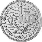 France 10 Francs 125th Anniversary of the Universal Postal Union (1999) A Proof KM# 1398 125E ANNIVERSAIRE DE L'UNION POSTALE UNIVERSELLE U.P.U. 1874 1999 10F coin obverse