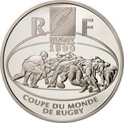 France 10 Francs Rugby World Cup 1999 A Proof KM# 1294 R F RUGBY WORLD CUP 1999 COUPE DU MONDE DE RUGBY coin obverse