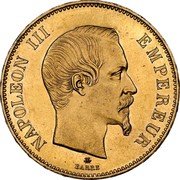 France 100 Francs Napoleon III 1855 BB KM# 786.2 NAPOLEON III EMPEREUR BARRE coin obverse France 100 Francs Napoleon III 1855 BB KM# 786.2 NAPOLEON III EMPEREUR BARRE coin obverse