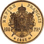France 100 Francs Napoleon III 1855 BB KM# 786.2 100 FRS EMPIRE FRANÇAIS 1855 BB coin reverse France 100 Francs Napoleon III 1855 BB KM# 786.2 100 FRS EMPIRE FRANÇAIS 1855 BB coin reverse