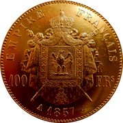 France 100 Francs Napoleon III 1857 A KM# 786.1 EMPIRE FRANÇAIS 100 FRS A 1858 coin reverse France 100 Francs Napoleon III 1857 A KM# 786.1 EMPIRE FRANÇAIS 100 FRS A 1858 coin reverse