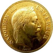 France 100 Francs Napoleon III 1869 BB KM# 802.2 NAPOLEON III EMPEREUR BARRE coin obverse France 100 Francs Napoleon III 1869 BB KM# 802.2 NAPOLEON III EMPEREUR BARRE coin obverse