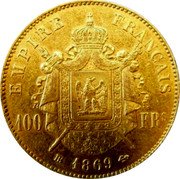 France 100 Francs Napoleon III 1869 BB KM# 802.2 EMPIRE FRANÇAIS 100 FRS BB 1862 coin reverse France 100 Francs Napoleon III 1869 BB KM# 802.2 EMPIRE FRANÇAIS 100 FRS BB 1862 coin reverse
